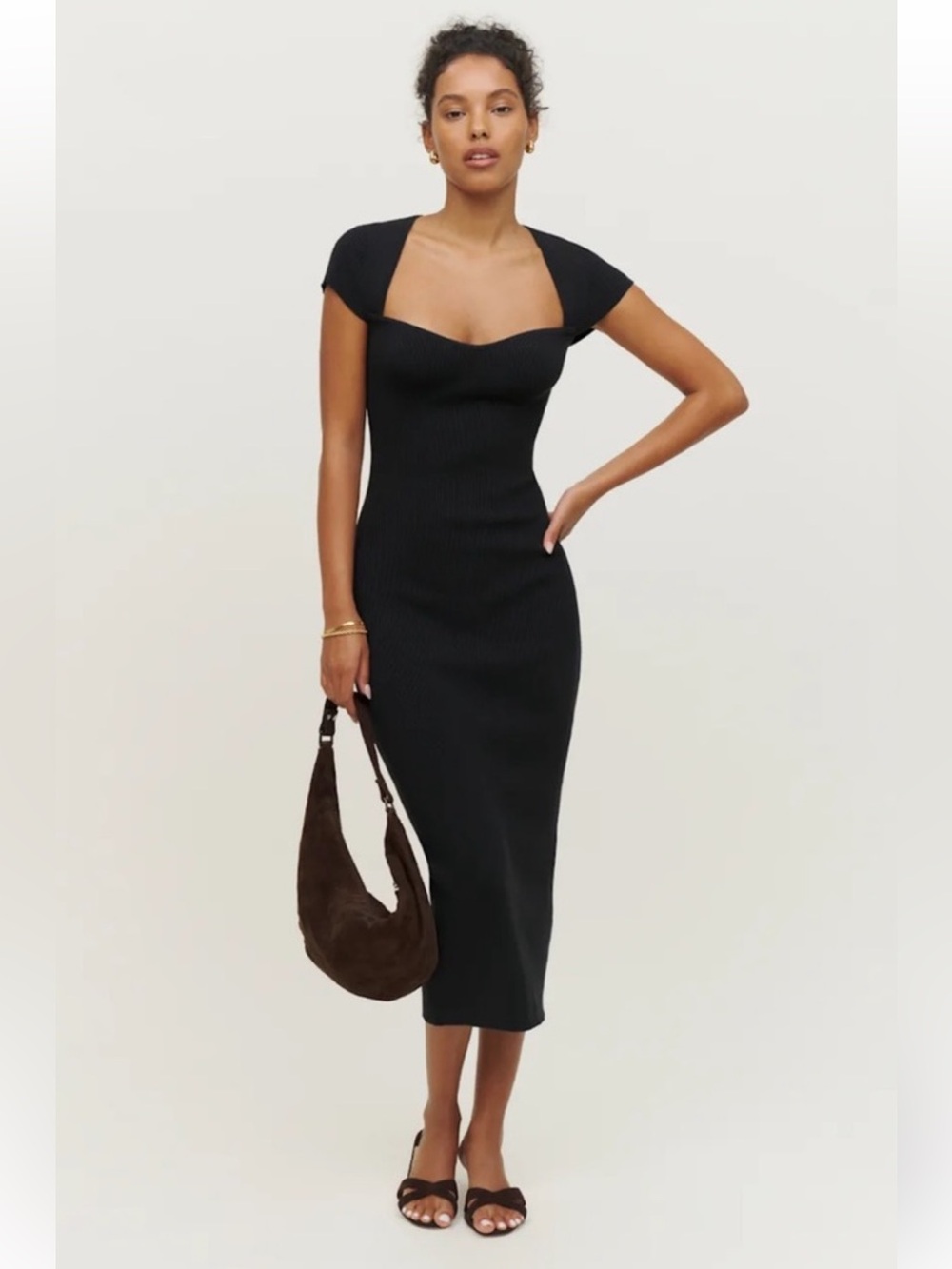 Reformation Black Ribbed Knit Midi Dress Size Small Sweetheart Neckline